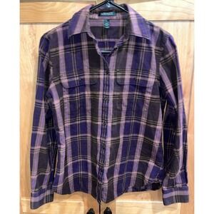 Women's Purple Brown Plaid Lauren Ralph Lauren  Long Sleeves 100% Cotton Sz Sm